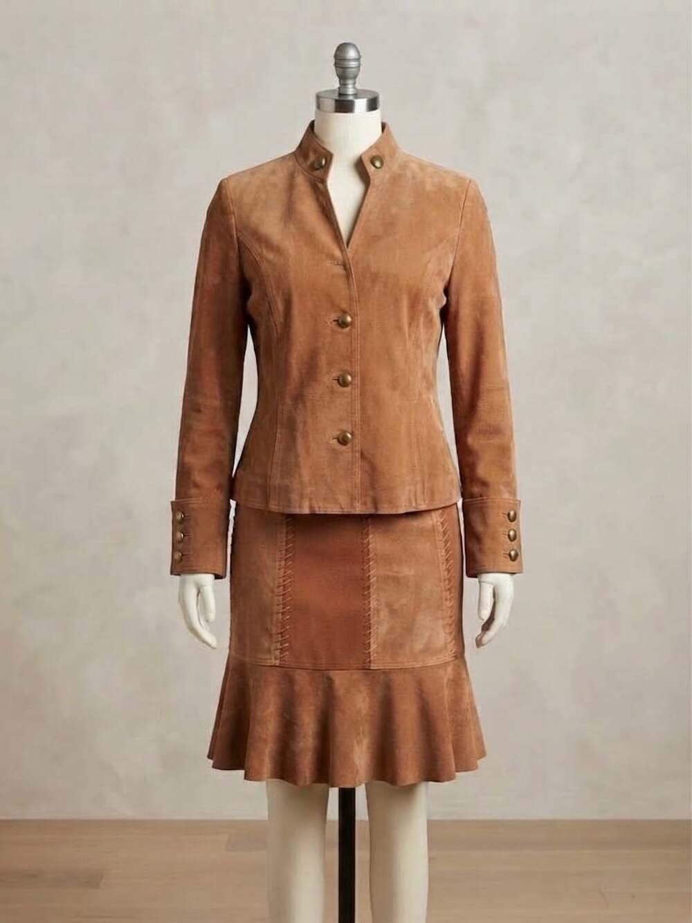 Eleven Luxe Vintage Genuine Suede Leather Skirt Suit Set Medium/12 Tan 70s 80s v